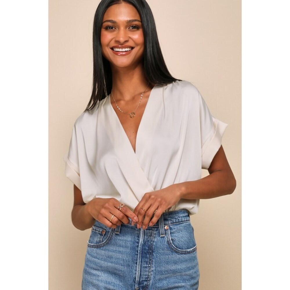 Lulus Posh Precision Champagne Satin Surplice Short Sleeve Bodysuit Beige